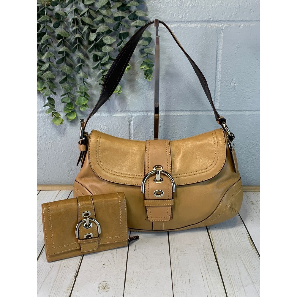 Coach Soho Vintage Y2K Tan Leather Buckle Flap Shoulder Bag & Matching Wallet
